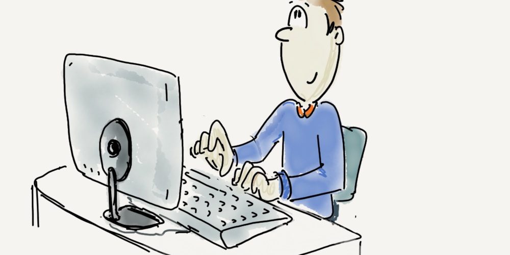 Cartoon Mann vor Computer